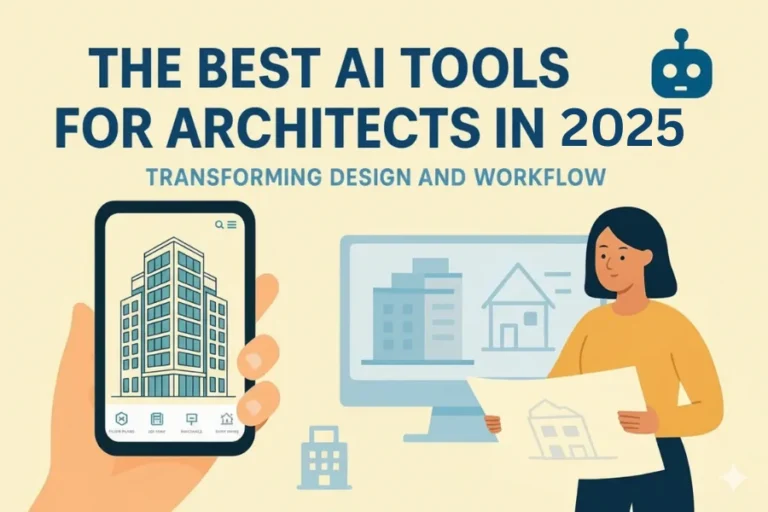 Best AI tools for architects in 2025 featuring generative design AI, AI for 3D modeling, AI rendering tools, Autodesk Forma, Midjourney for architecture, and AI project workflow solutions.