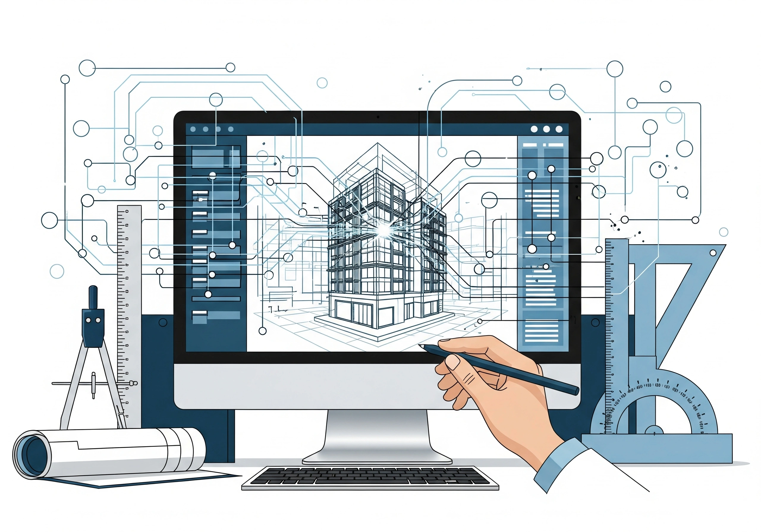 Best AI tools for architects in 2024 featuring generative design AI, AI for 3D modeling, AI rendering tools, Autodesk Forma, Midjourney for architecture, and AI project workflow solutions.