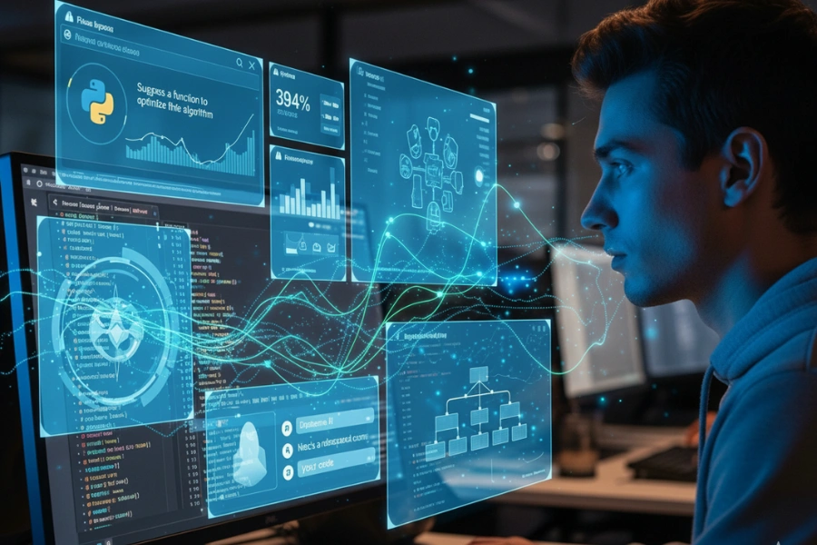 A developer using an AI coding assistant with futuristic holographic interfaces displaying code, data, and suggestions.