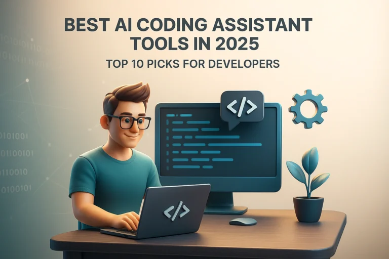 A developer using an AI coding assistant with futuristic holographic interfaces displaying code, data, and suggestions.
