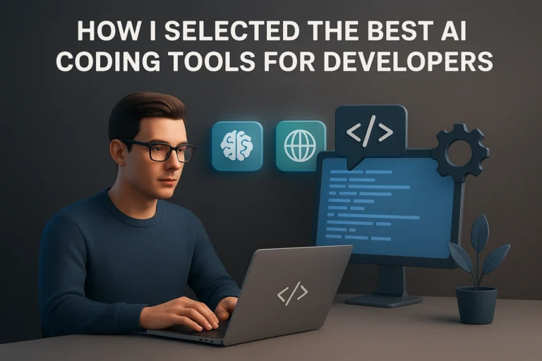 3D illustration of a developer analyzing and testing AI coding tools on a laptop and monitor, symbolizing the process of selecting the best developer tools in 2025.