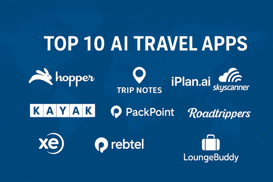 Top 10 AI travel apps including Hopper, Trip Notes, iPlan.ai, Skyscanner, Kayak, PackPoint, Roadtrippers, XE Currency, Rebtel, and LoungeBuddy – smart AI trip planners and personalized travel apps for 2024.