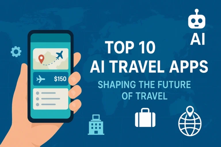 Flat illustration of a smartphone showing a flight booking app with $150 price, icons of travel and AI, with the title “Top 10 AI Travel Apps – Shaping the Future of Travel.