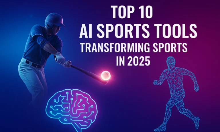 Digital illustration of AI in sports featuring a baseball player, wireframe soccer player, and glowing AI brain with title "Top 10 AI Sports Tools Transforming Sports in 2025".