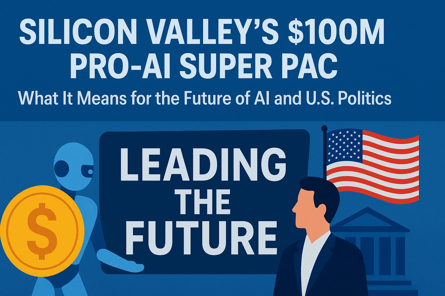 Illustration of $100M pro-AI super PAC “Leading the Future” with AI, investor, and U.S. flag.