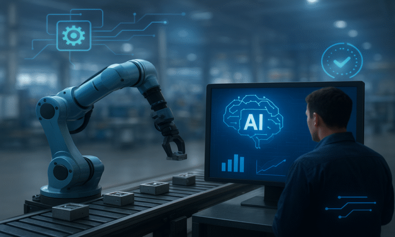 AI-powered robotic arm working on a conveyor belt with a worker monitoring a digital screen in a smart factory.