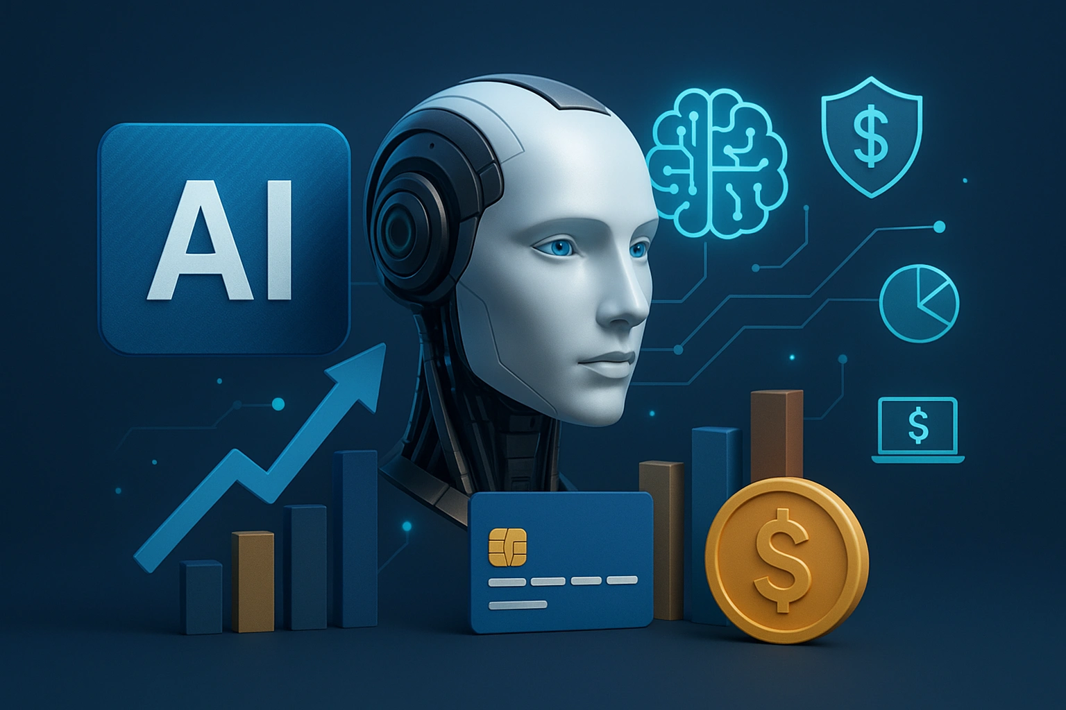 AI-powered robot with financial technology icons including money, graphs, and digital banking symbols.