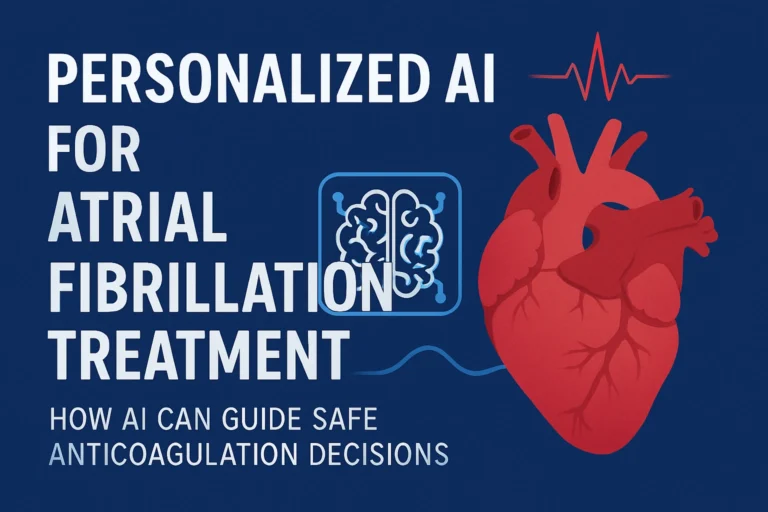 Illustration of AI-powered atrial fibrillation treatment showing a human heart and AI brain symbol with text highlighting personalized anticoagulation decisions.
