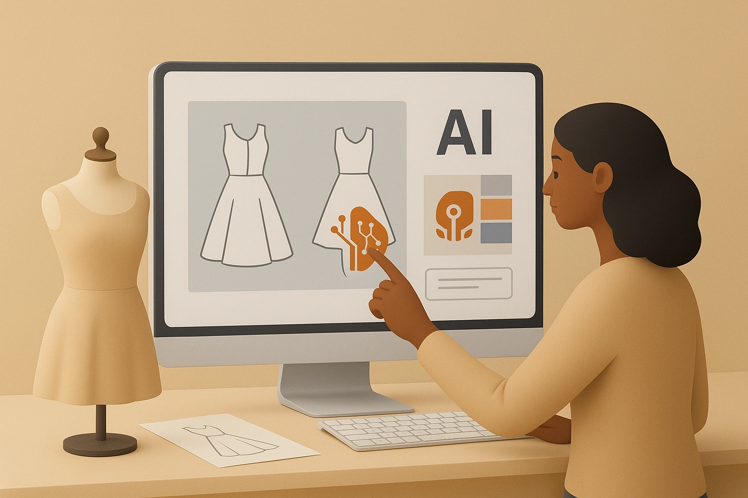 3D illustration of a fashion designer using AI software to create dress designs on a computer with a mannequin beside her.