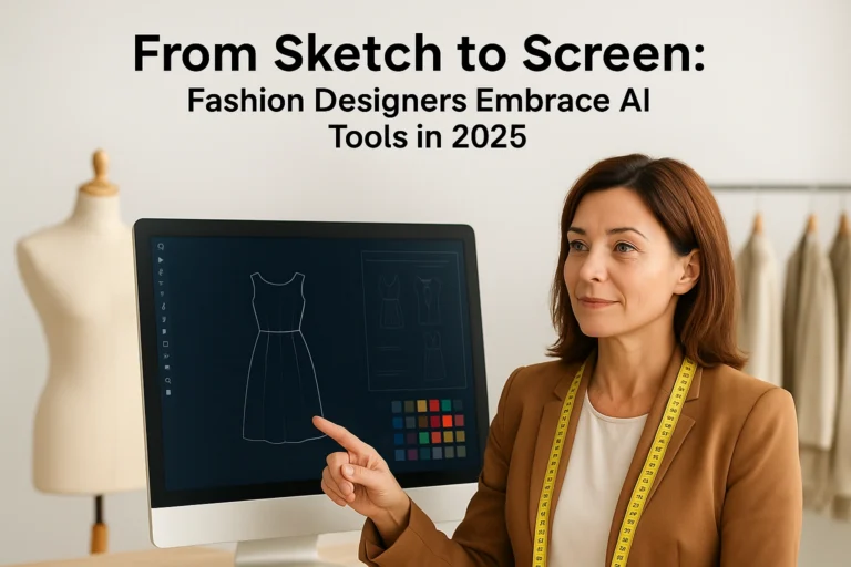 Middle-aged female fashion designer using AI tools on a computer to create dress designs in 2025.