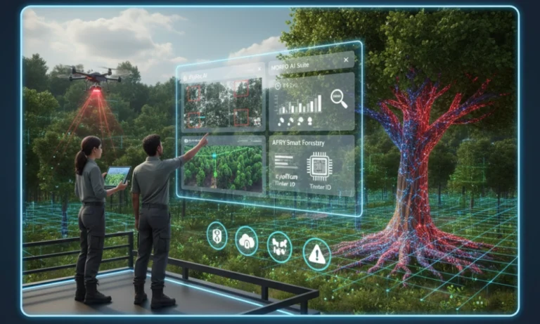 "Forest managers view AI software on a holographic screen with a drone, data-stream tree, and icons for tech, emphasizing smart forestry solutions.