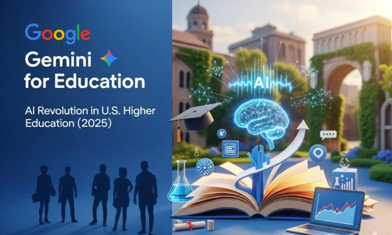 A graphic titled "Google Gemini for Education" shows silhouettes of students on the left and a glowing AI brain emerging from an open book on the right, set against a university campus backdrop.