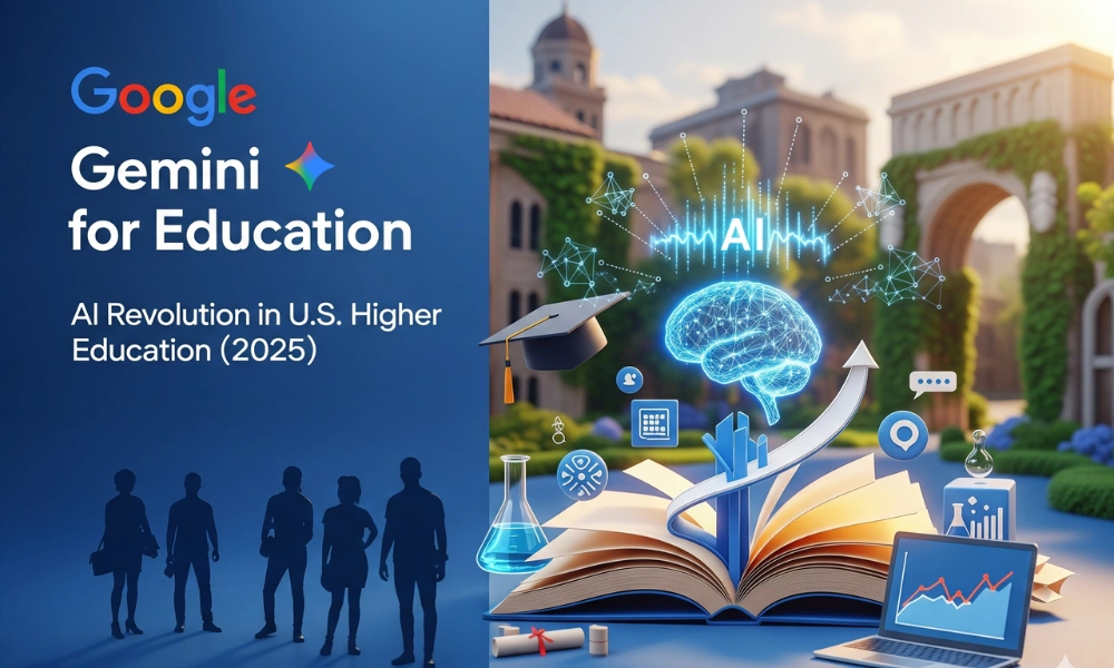 A graphic titled "Google Gemini for Education" shows silhouettes of students on the left and a glowing AI brain emerging from an open book on the right, set against a university campus backdrop.
