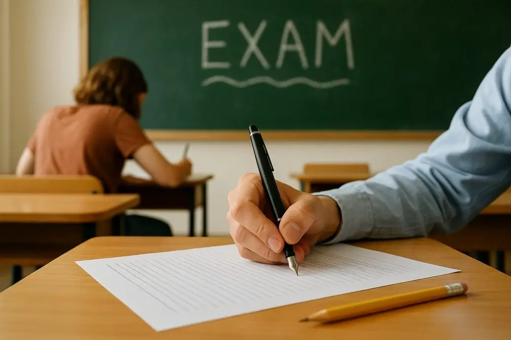 Students writing handwritten exams in a classroom