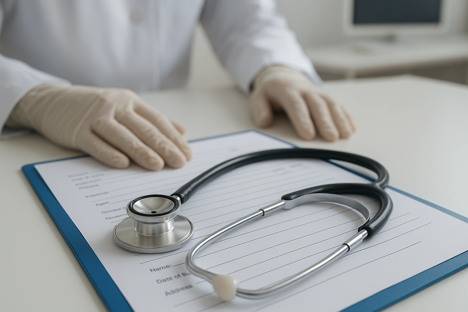 AI in healthcare diagnostics – close-up of a doctor with gloves, patient form, and stethoscope symbolizing AI-driven medical precision.