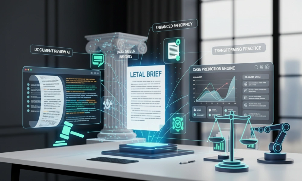 AI tools for lawyers, showing legal documents, graphs, a gavel, and scales of justice on a modern desk.