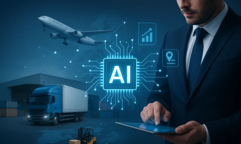 Businessman using a tablet to manage AI-driven logistics with airplane, truck, and warehouse in the background.