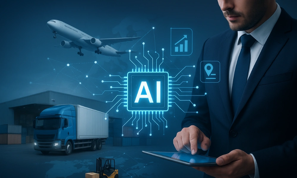 Businessman using a tablet to manage AI-driven logistics with airplane, truck, and warehouse in the background.