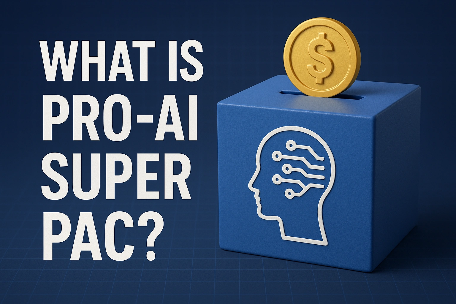3D illustration of a blue donation box with a gold coin and AI brain circuit graphic, alongside the text "What is Pro-AI Super PAC?