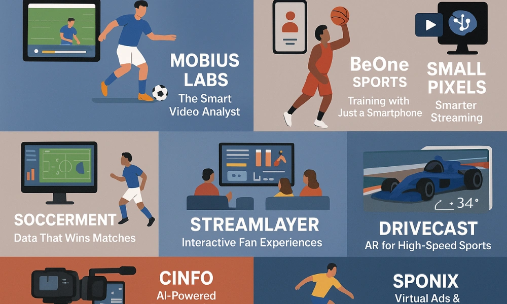 Digital illustration of AI in sports featuring a baseball player, wireframe soccer player, and glowing AI brain with title "Top 10 AI Sports Tools Transforming Sports in 2025".