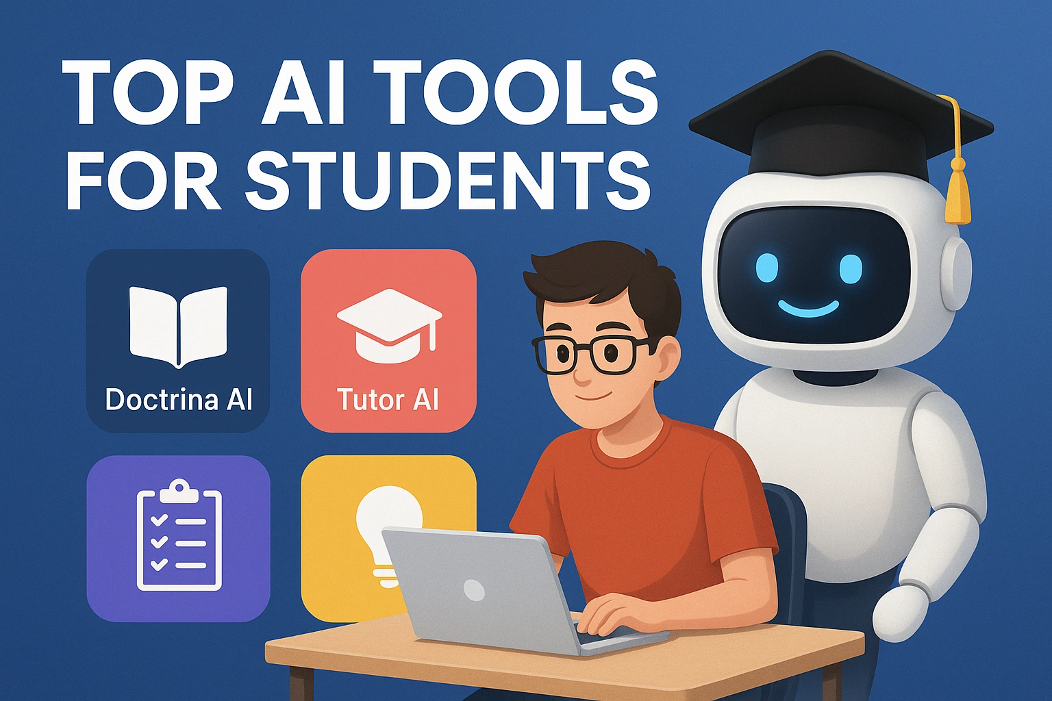 AI tools for students 2025 with laptop and robot assistant